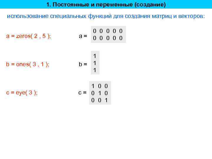 1. Постоянные и переменные (создание) использование специальных функций для создания матриц и векторов: a=