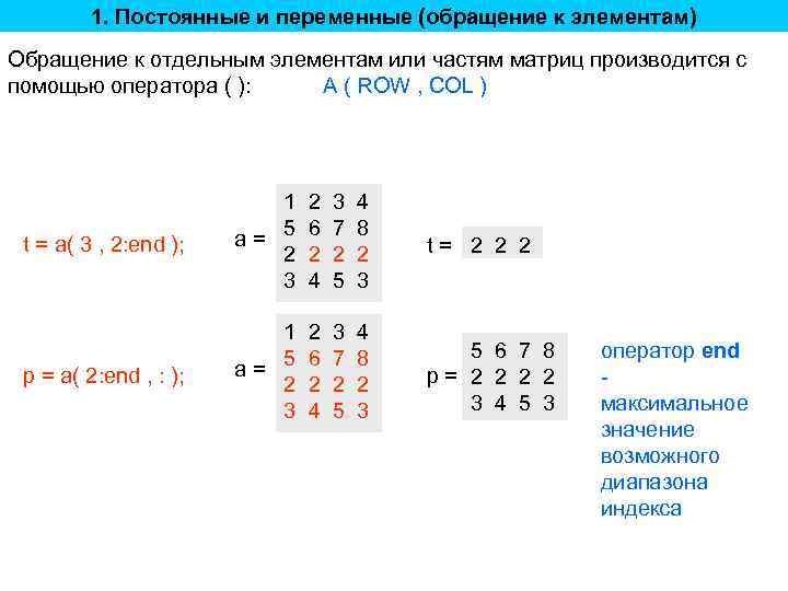 1. Постоянные и переменные (обращение к элементам) Обращение к отдельным элементам или частям матриц