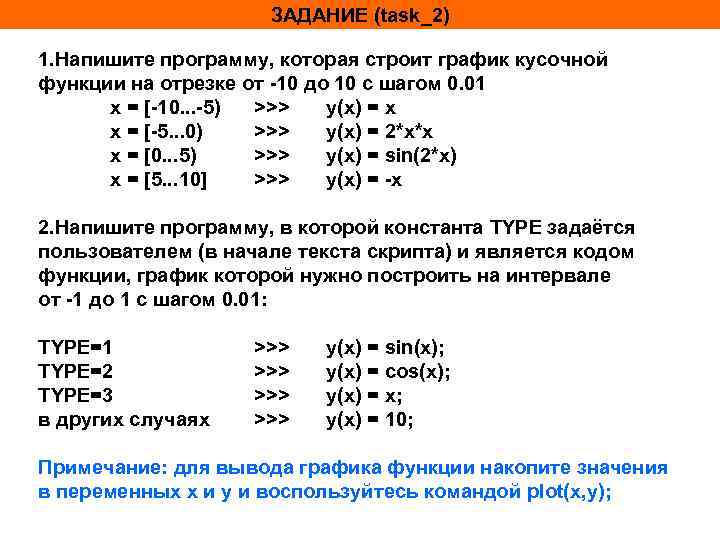 ЗАДАНИЕ (task_2) 1. Напишите программу, которая строит график кусочной функции на отрезке от -10