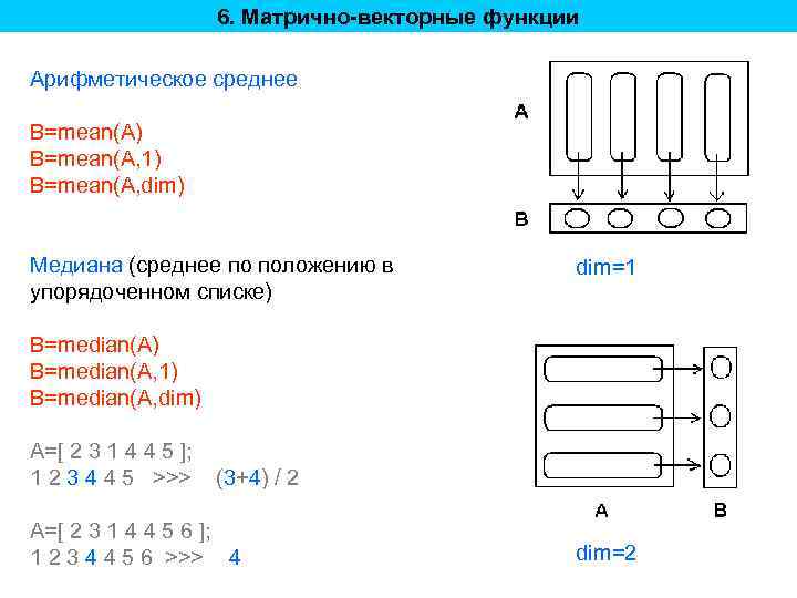 6. Матрично-векторные функции Арифметическое среднее B=mean(A) B=mean(A, 1) B=mean(A, dim) Медиана (среднее по положению