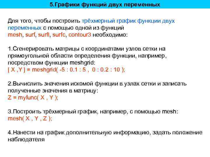 5. Графики функций двух переменных Для того, чтобы построить трёхмерный график функции двух переменных