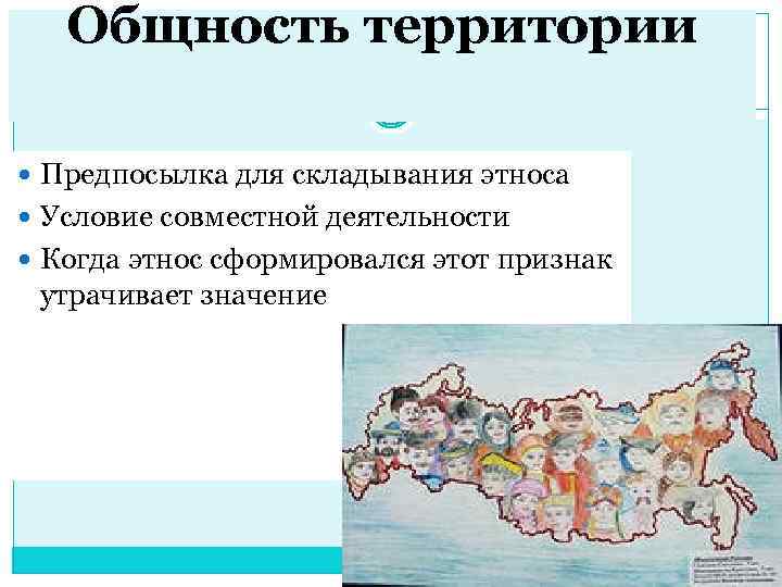 Общность территории Предпосылка для складывания этноса Условие совместной деятельности Когда этнос сформировался этот признак