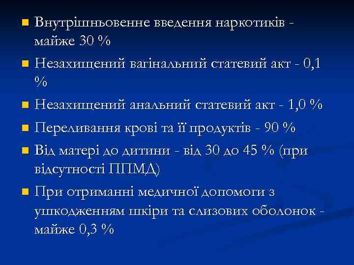 Внутрішньовенне введення наркотиків майже 30 % n Незахищений вагінальний статевий акт - 0, 1