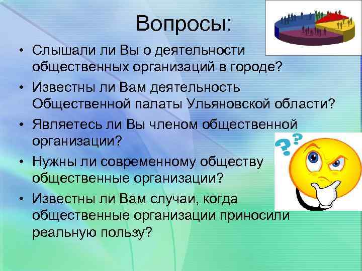 Вопросы: • Слышали ли Вы о деятельности общественных организаций в городе? • Известны ли