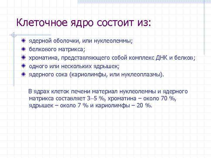 Клеточное ядро состоит из: ядерной оболочки, или нуклеолеммы; белкового матрикса; хроматина, представляющего собой комплекс