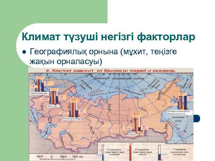 Климат түзуші негізгі факторлар l Географиялық орнына (мұхит, теңізге жақын орналасуы) 