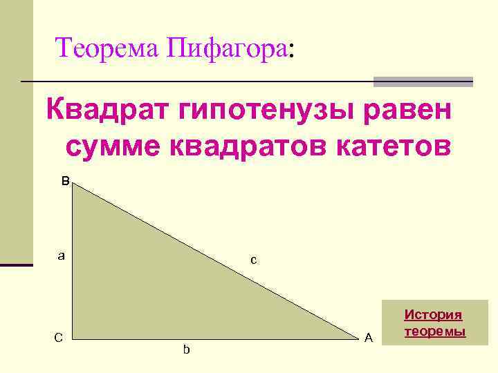 Катет по теореме пифагора. Теорема Пифагора квадрат гипотенузы. Квадрат гипотенузы равен Пифагора. Квадрат гипотенузы равен сумме квадратов катетов. Теорема Пифагора для катета.