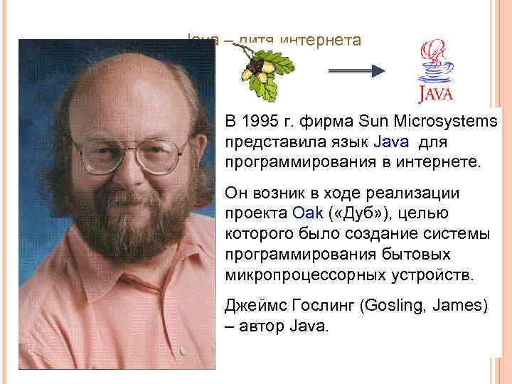 Java – дитя интернета В 1995 г. фирма Sun Microsystems представила язык Java для