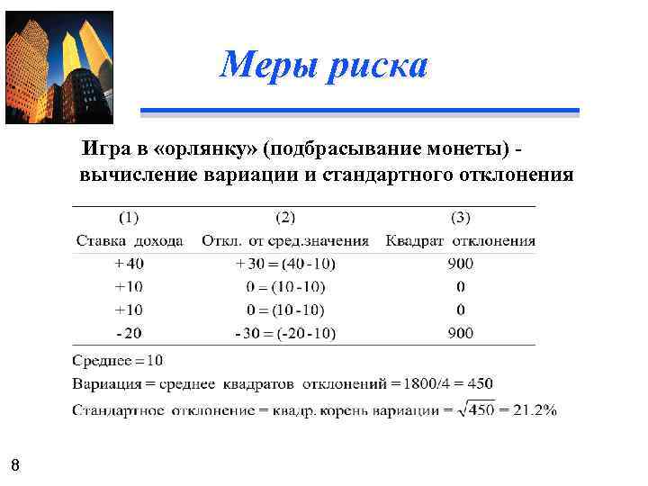 Меры риска Игра в «орлянку» (подбрасывание монеты) вычисление вариации и стандартного отклонения 8 