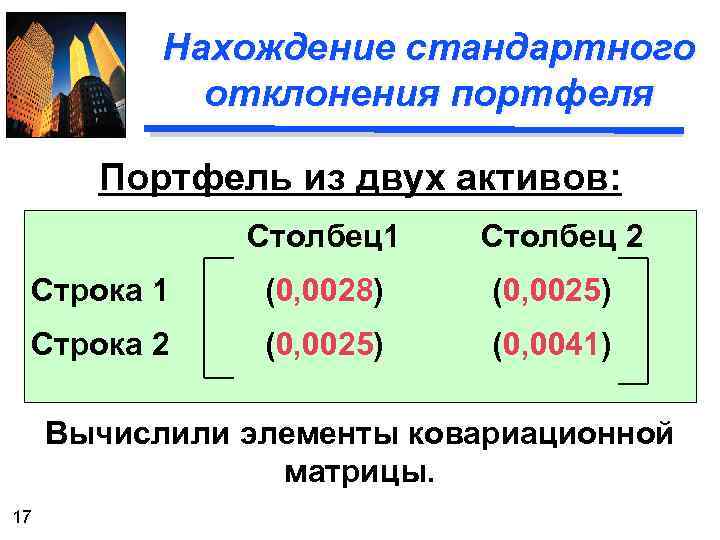 Нахождение стандартного отклонения портфеля Портфель из двух активов: Столбец1 Столбец 2 Строка 1 (0,