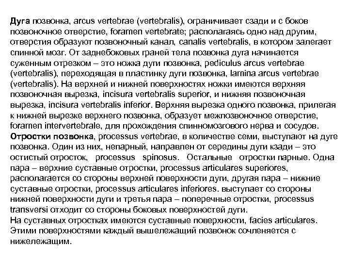 Дуга позвонка, arcus vertebrae (vertebralis), ограничивает сзади и с боков позвоночное отверстие, foramen vertebrate;