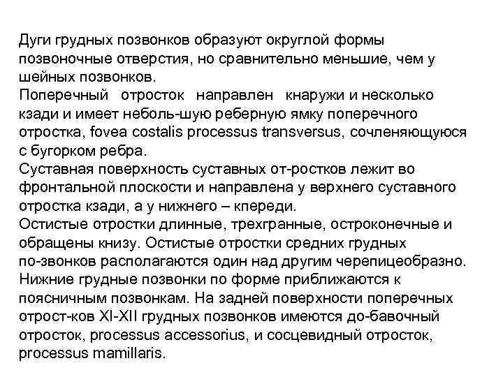 Дуги грудных позвонков образуют округлой формы позвоночные отверстия, но сравнительно меньшие, чем у шейных