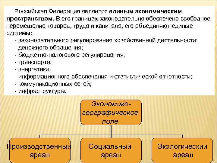 Российская Федерация является единым экономическим пространством. В его границах законодательно обеспечено свободное перемещение товаров,