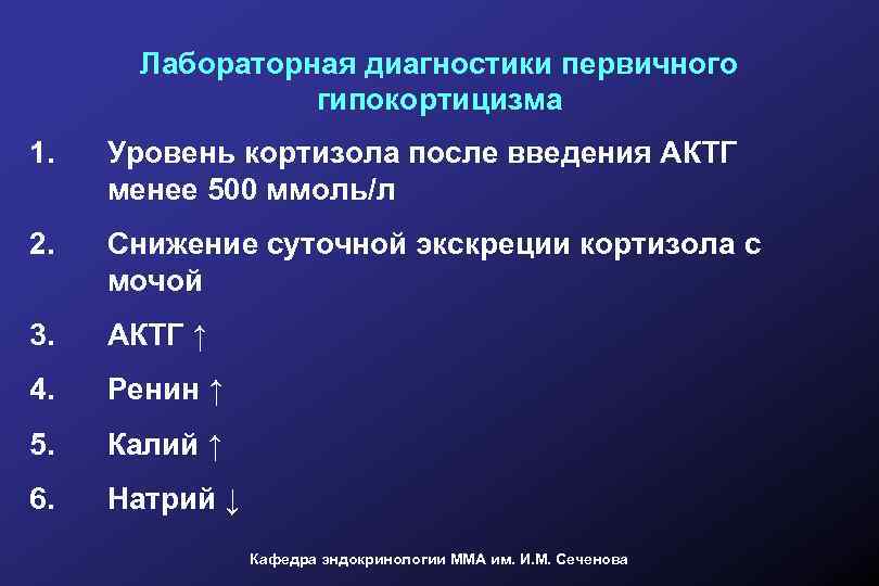 Лабораторная диагностики первичного гипокортицизма 1. Уровень кортизола после введения АКТГ менее 500 ммоль/л 2.