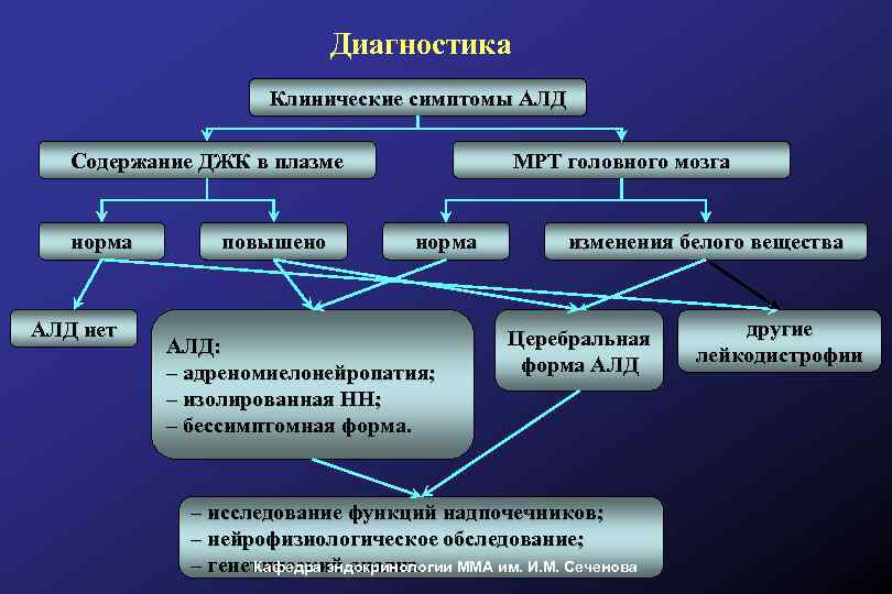 Диагностика Клинические симптомы АЛД Содержание ДЖК в плазме норма АЛД нет повышено МРТ головного