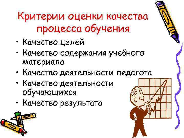 Критерии оценки качества процесса обучения • Качество целей • Качество содержания учебного материала •
