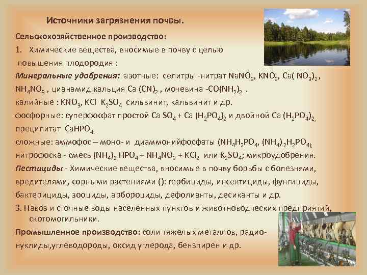 Источники загрязнения почвы. Сельскохозяйственное производство: 1. Химические вещества, вносимые в почву с целью повышения