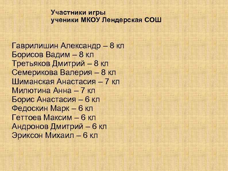 Участники игры ученики МКОУ Лендерская СОШ Гаврилишин Александр – 8 кл Борисов Вадим –