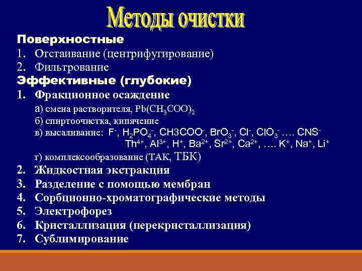 Поверхностные 1. Отстаивание (центрифугирование) 2. Фильтрование Эффективные (глубокие) 1. Фракционное осаждение а) смена растворителя,