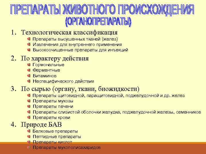 1. Технологическая классификация Препараты высушенных тканей (желез) Извлечения для внутреннего применения Высокоочищенные препараты для