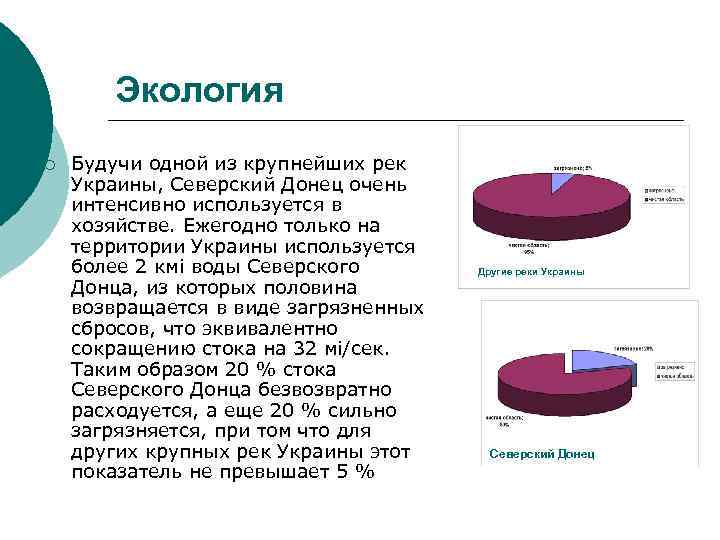 Экология ¡ Будучи одной из крупнейших рек Украины, Северский Донец очень интенсивно используется в