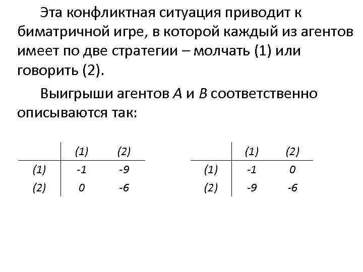 Эта конфликтная ситуация приводит к биматричной игре, в которой каждый из агентов имеет по