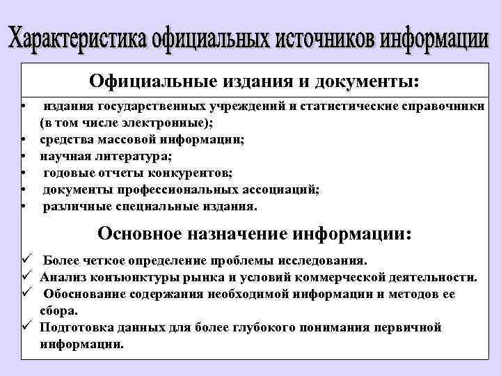 Официальные издания и документы: • • • издания государственных учреждений и статистические справочники (в