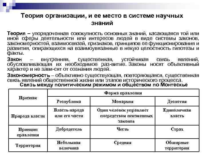 Теория организации, и ее место в системе научных знаний Теория – упорядоченная совокупность основных