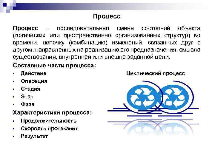 Процесс – последовательная смена состояний объекта (логических или пространственно организованных структур) во времени, цепочку