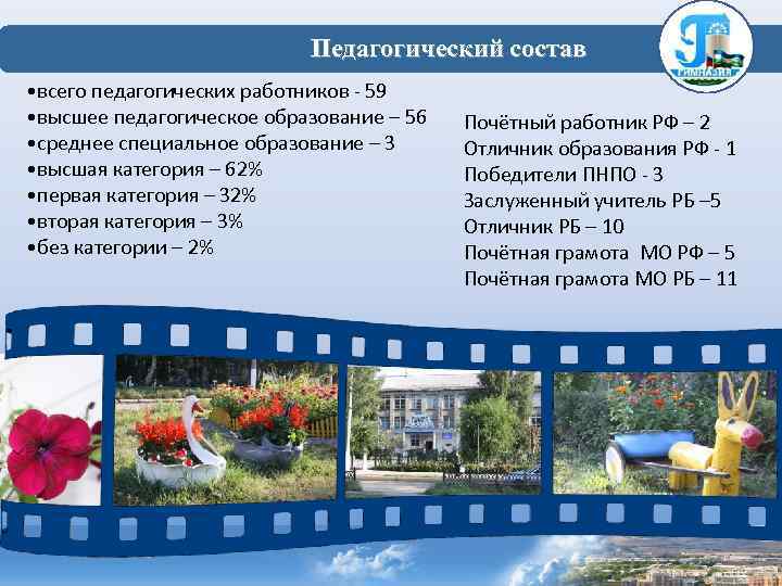  Педагогический состав • всего педагогических работников - 59 • высшее педагогическое образование –