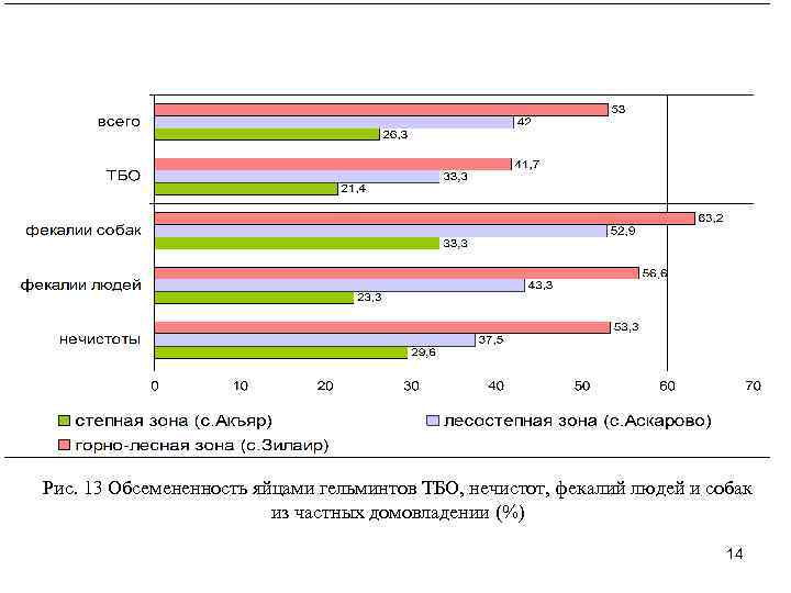 Рис. 13 Обсемененность яйцами гельминтов ТБО, нечистот, фекалий людей и собак из частных домовладении