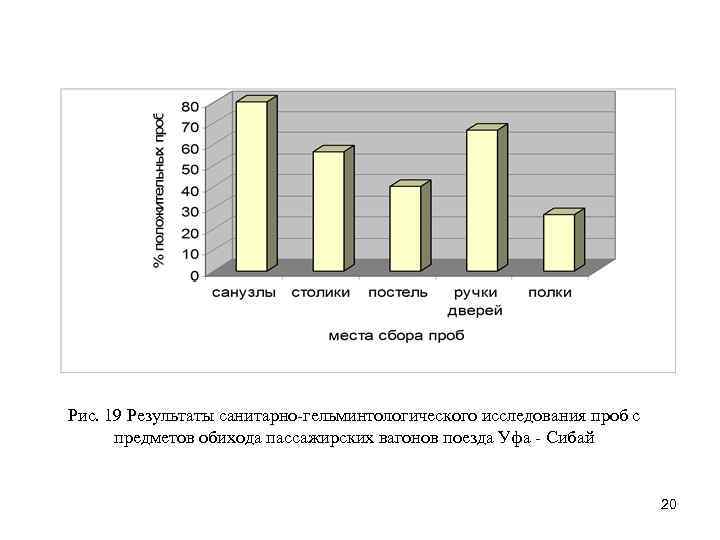 Рис. 19 Результаты санитарно гельминтологического исследования проб с предметов обихода пассажирских вагонов поезда Уфа
