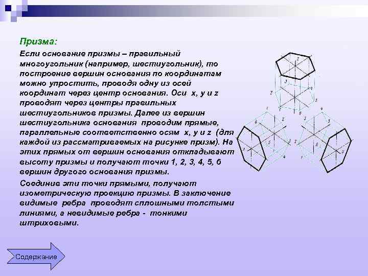 Призма: Если основание призмы – правильный многоугольник (например, шестиугольник), то построение вершин основания по