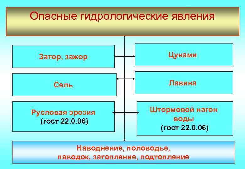 Опасные гидрологические явления Затор, зажор Цунами Сель Лавина Русловая эрозия (гост 22. 0. 06)