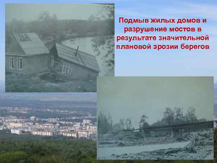 Подмыв жилых домов и разрушение мостов в результате значительной плановой эрозии берегов 