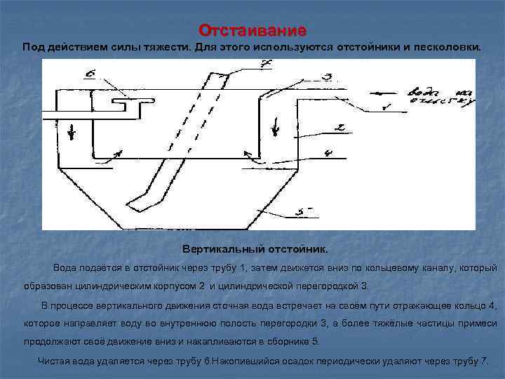 Отстаивание Под действием силы тяжести. Для этого используются отстойники и песколовки. Вертикальный отстойник. Вода