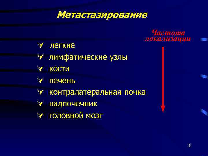 Метастазирование легкие Частота локализации лимфатические узлы кости печень контралатеральная почка надпочечник головной мозг 7