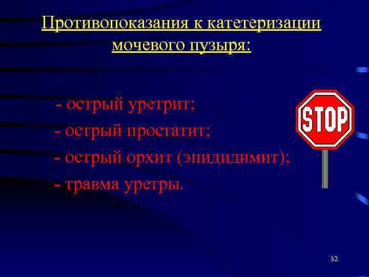 Противопоказания к катетеризации мочевого пузыря: - острый уретрит; - острый простатит; - острый орхит