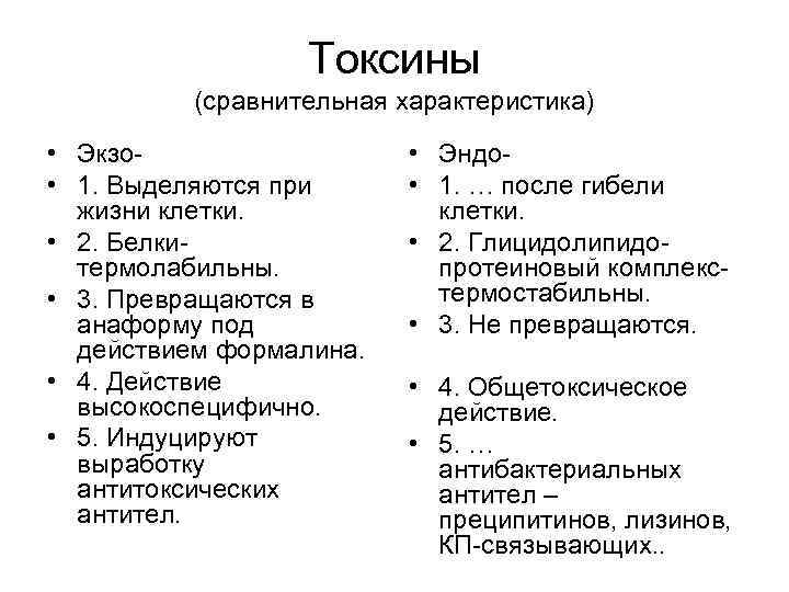 Токсины (сравнительная характеристика) • Экзо • 1. Выделяются при жизни клетки. • 2. Белкитермолабильны.