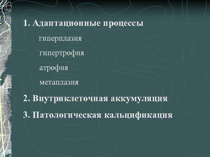 1. Адаптационные процессы гиперплазия гипертрофия атрофия метаплазия 2. Внутриклеточная аккумуляция 3. Патологическая кальцификация 