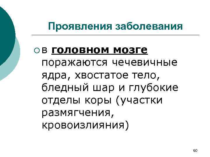 Проявления заболевания ¡в головном мозге поражаются чечевичные ядра, хвостатое тело, бледный шар и глубокие