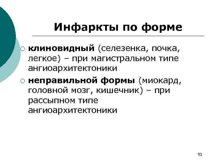 Инфаркты по форме ¡ ¡ клиновидный (селезенка, почка, легкое) – при магистральном типе ангиоархитектоники