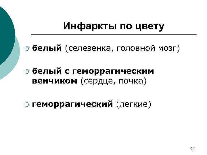 Инфаркты по цвету ¡ ¡ ¡ белый (селезенка, головной мозг) белый с геморрагическим венчиком