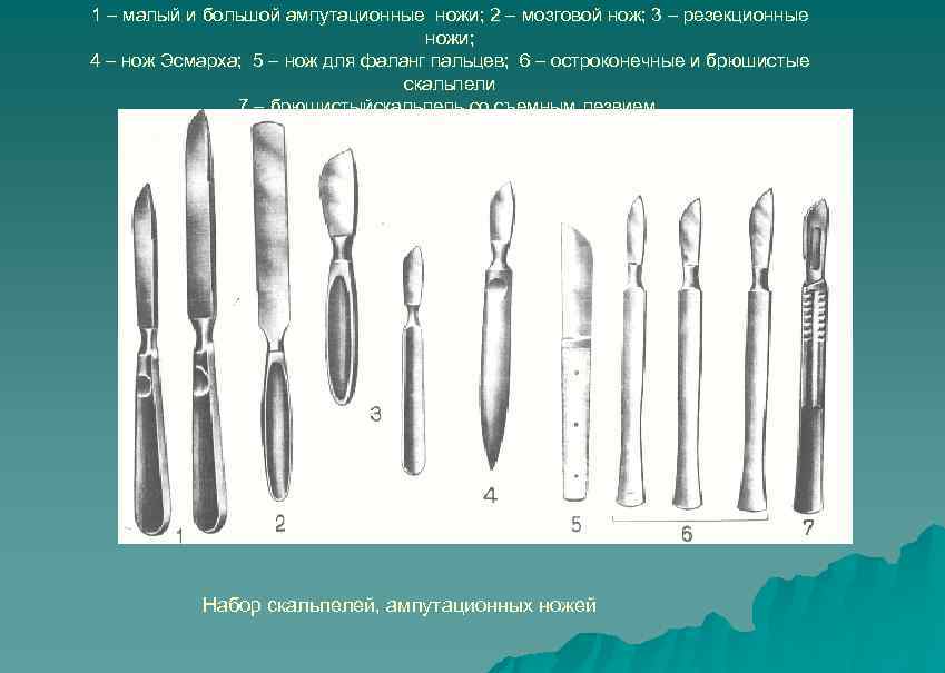 1 – малый и большой ампутационные ножи; 2 – мозговой нож; 3 – резекционные
