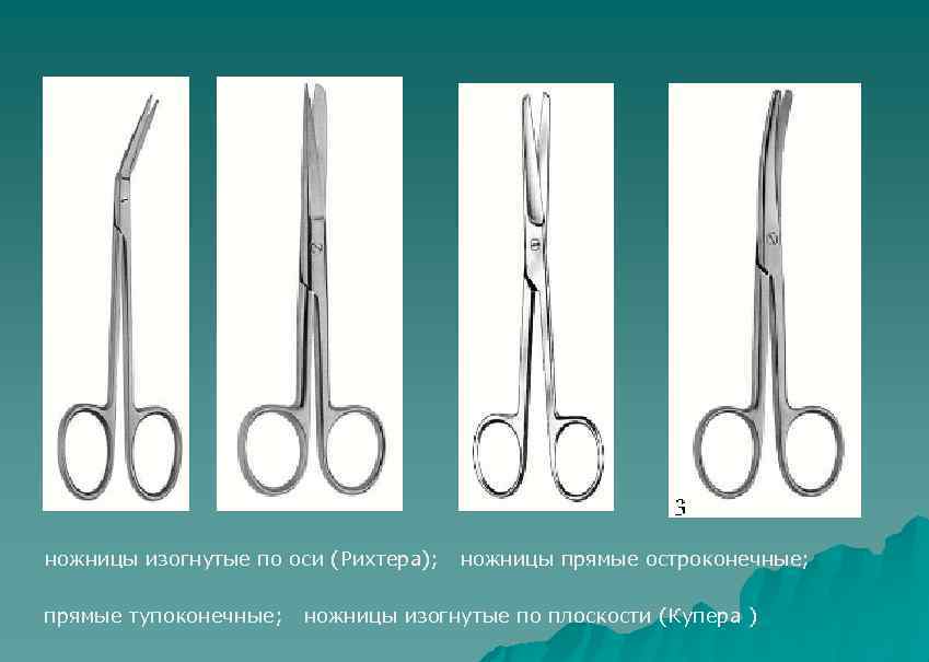  ножницы изогнутые по оси (Рихтера); ножницы прямые остроконечные; прямые тупоконечные; ножницы изогнутые по