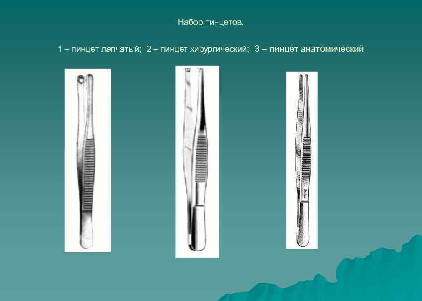 Набор пинцетов. 1 – пинцет лапчатый; 2 – пинцет хирургический; 3 – пинцет анатомический