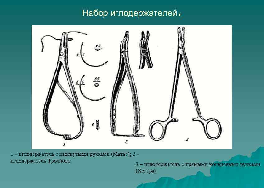 . Набор иглодержателей 1 – иглодержатель с изогнутыми ручками (Матье); 2 – иглодержатель Троянова:
