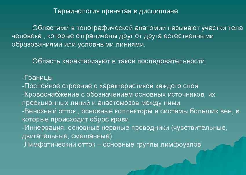 Терминология принятая в дисциплине Областями в топографической анатомии называют участки тела человека , которые