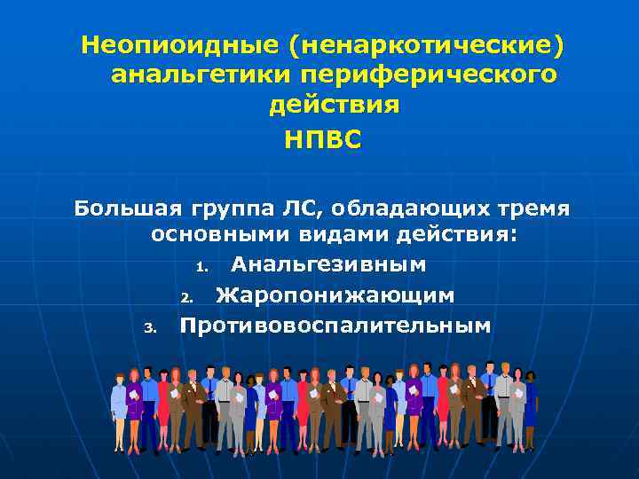 Неопиоидные (ненаркотические) анальгетики периферического действия НПВС Большая группа ЛС, обладающих тремя основными видами действия: