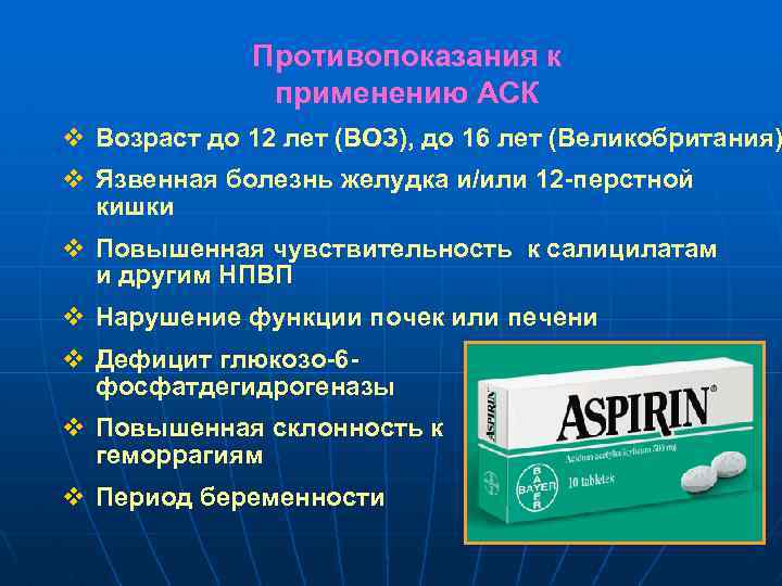 Противопоказания к применению АСК v Возраст до 12 лет (ВОЗ), до 16 лет (Великобритания)